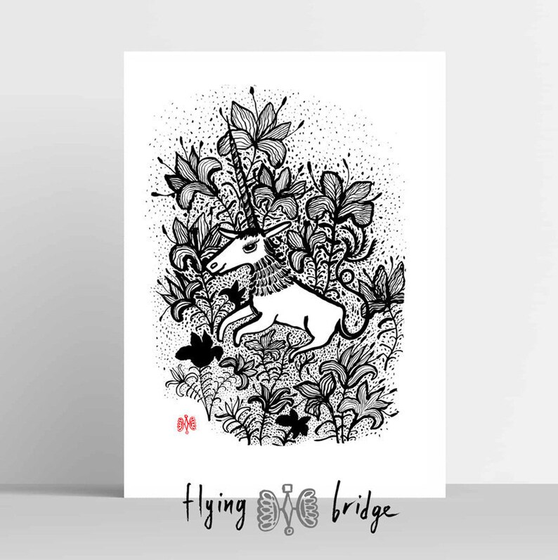 Black White Unicorn Bohemian Wall Print Flowers Art Printable Nersury Fairy Animals Minimalist Modern Girls Room Decor Girlly Poster