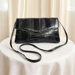 Vintage Genuine Python Skin Clutch Bag | Black Snake Skin Shoulder Bag | 1970s Evening Purse