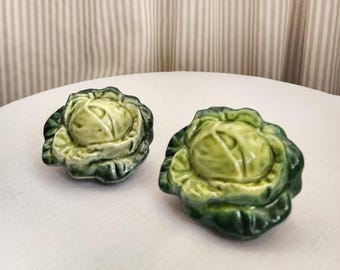 ヴィンテージ風キャベツ型ソルト＆ペッパーシェーカー • グリーンセラミック製ミッドセンチュリーキッチン装飾