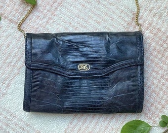 ヴィンテージブラックスネークスキンエンボスレザークロスボディバッグ・チェーンストラップ