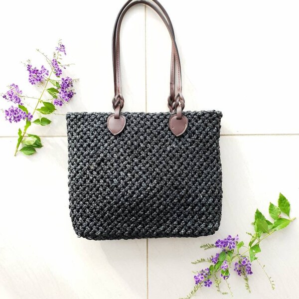 CONDURA WOVEN BAG • Market Tote Bag • Vintage Beach bag • Wicker Shoulder bag • Women's Black bag • Festival Wicker bag• Knotted Handbag