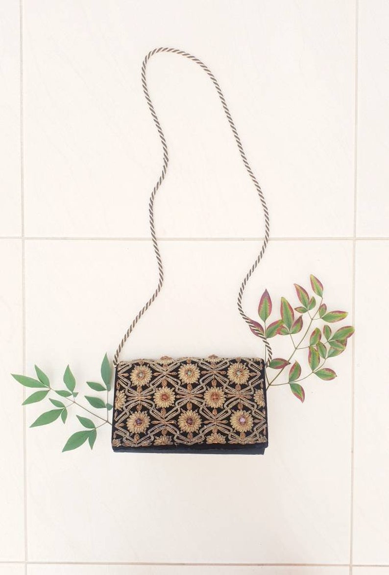 VINTAGE ZARDOZI CLUTCH \u2022 Evening bag \u2022 Beaded purse \u2022 1930s Indian Vintage \u2022 Semi Prescious Stones \u2022 Embellished crossbody \u2022 Black Velvet