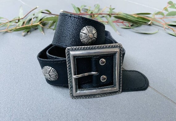 Vintage High-waisted Leather Belt • Black Studded Western  display picture 1