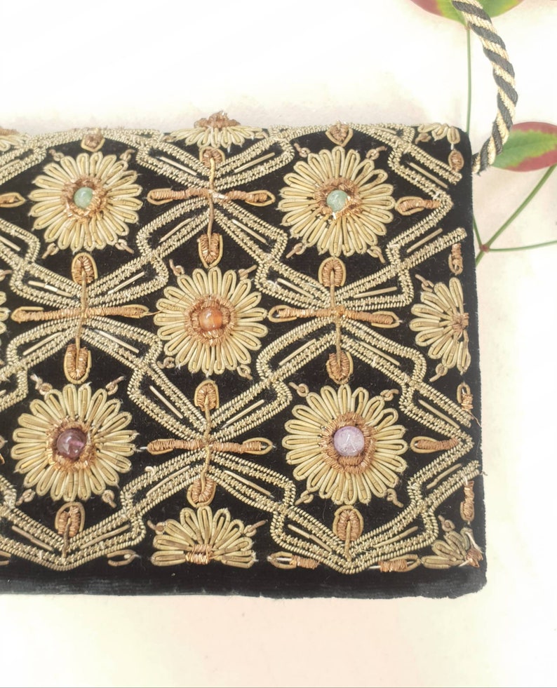 VINTAGE ZARDOZI CLUTCH \u2022 Evening bag \u2022 Beaded purse \u2022 1930s Indian Vintage \u2022 Semi Prescious Stones \u2022 Embellished crossbody \u2022 Black Velvet