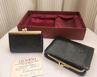 Conjunto de noche vintage Glomesh 1983 • Bolso de mano y monedero de malla negra en su caja original