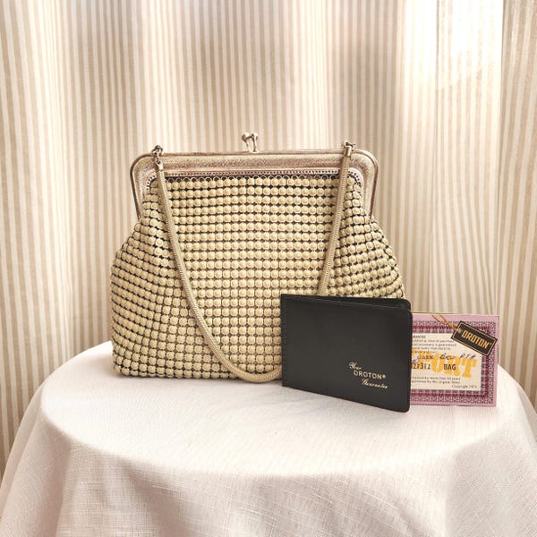 Borsa da sera Oroton vintage del 1972 con perline • Borsa a mano retrò in rete color crema con certificato di garanzia originale • Borsa da sposa