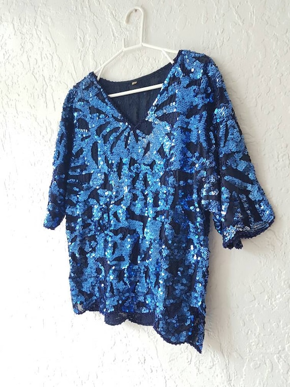 Beaded festival top • 1980s beaded top • Cyan blue