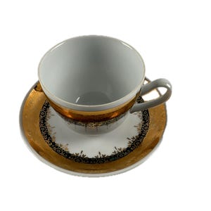 Vintage H&C Czechoslovakia Porcelain Tea Cup and Saucer Set White Gold Green