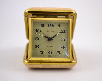 Vintage  ESTYMA Travel Pocket Windup Alarm Clock 2 Jewels Made in Germany. Working Vintage clock.