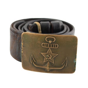 Vintage Military Navy Russian USSR Belt Leather Belt, Brass buckle brown leather 1970s