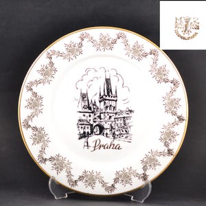 Plato decorativo de porcelana de Praga, Checoslovaquia. Recuerdo de coleccionista vintage de los años 70. Plato de arte checo. Original. En la caja de cartón original.