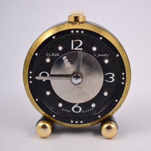 Vintage SLAVA Mechanical 11 Jewels USSR Russian Alarm Clock for blind people . Working vintage clock. Old alarm clock.