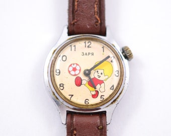 Vintage Russian Soviet USSR ZARYA ZARIA Сhildren mechanical Wristwatch animation Rare
