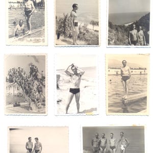 Vintage 40er Jahre Set mit 8 Fotos hübscher Männer am Strand in Badehose. Original Fundbild Original Fotos. Fotos Ihrer Wahl