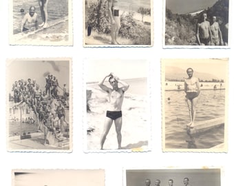 Vintage 40s set of 8 photos HANDSOME Men on the Beach in Swim Trunks. Original Found photograph Original photos. Photos of your choice