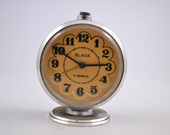 Vintage 70s SLAVA Mechanical USSR Russian Alarm Clock. Working Vintage clock. Old alarm clock.