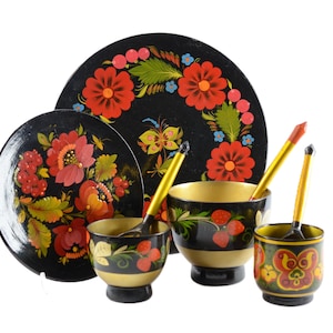 Set of 8 ps Vintage Russian Hand Painted lacquered Wooden Plates Bowls and spoons, Lacquer Khokhloma Russian Folk Art USSR