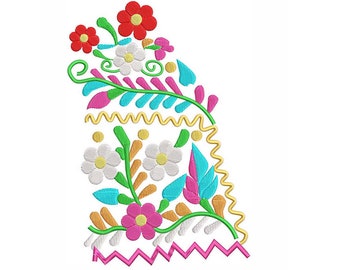 May include: A colorful floral embroidery design with pink, red, white, blue, green, and yellow flowers and leaves. The design features a scalloped edge.