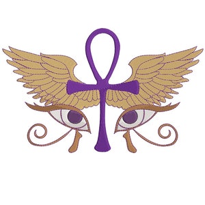 May include: Purple Ankh symbol with golden wings and two eyes with eyelashes on either side of the symbol.