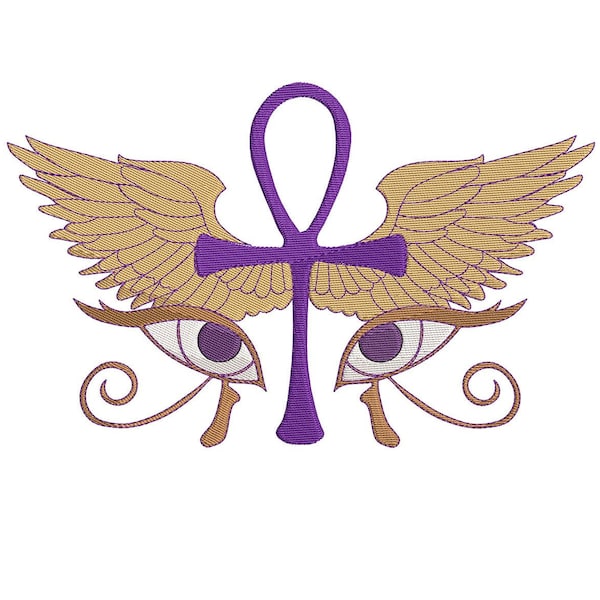 Golden Wings and Purple Ankh with Eyes-  Embroidery Design -2.2x3.5,  2.5x4, 4x6, 5x8, 7x10, 8x12, and 9x14