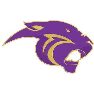 Może przedstawiać: Logo głowy pantery w kolorze fioletowym i złotym z dzikim wyrazem twarzy. Głowa pantery jest zwrócona w prawo i ma ostre, spiczaste ucho.