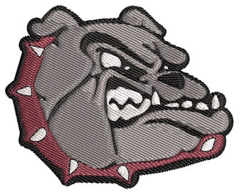 May include: A gray bulldog with a red collar with white spikes. The bulldog is looking to the right with a fierce expression.