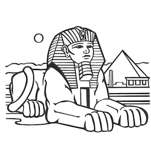 May include: A black and white line drawing of the Sphinx, a mythical creature with the head of a human and the body of a lion. The Sphinx is facing right and has a headdress. The Sphinx is in front of a pyramid.
