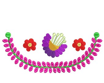 May include: A pink floral embroidery design with a purple flower in the center and two red flowers on either side.
