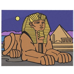 May include: Embroidered patch featuring the Sphinx of Giza, rendered in shades of brown, tan, and gold. The background depicts a purple and blue sky with a yellow moon and a pyramid. The patch has a stitched border.