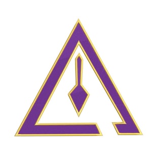 May include: A purple triangle with a gold outline and a smaller purple triangle inside. The smaller triangle is pointing down and has a gold outline.