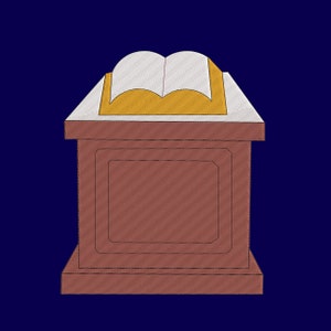 May include: A brown wooden lectern with a white book on top. The book has a yellow spine and is open to a blank page.