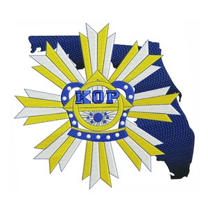 May include: A blue and yellow embroidered patch with a crown and the letters "KOP" inside. The patch is in the shape of the state of Florida.