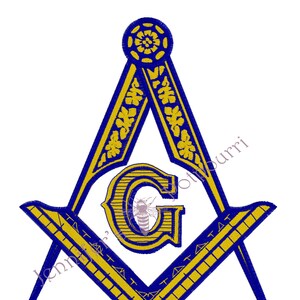 May include: A blue and gold Masonic symbol with a compass and square, a 'G' in the center, and a bee inside the 'G'.