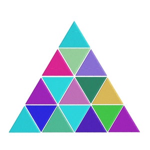 May include: A colorful geometric triangle design with a variety of colors including blue, green, purple, pink, and yellow.