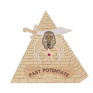 May include: A gold embroidered patch with a pyramid, crescent moon, star, and a pharaoh's head. The text "PAST POTENTATE" is on a scroll at the bottom.