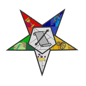 May include: A five-pointed star with a white background and a grey scroll in the centre. The star is divided into five sections, each with a different colour and symbol: red with a chalice, blue with a compass, green with a sprig of acacia, yellow with a trowel, and purple with a crown.
