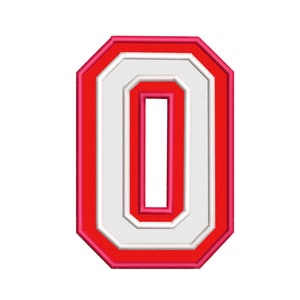 May include: Red and white felt letter O in a varsity style font. The letter is outlined in red and has a white interior.