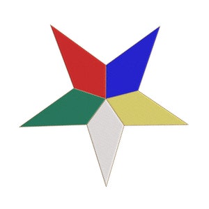 May include: A five-pointed star with five different colored sections. The sections are red, blue, green, yellow, and white.
