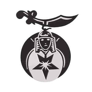 May include: Black and white embroidered patch featuring a crescent moon, a five-pointed star, and a figure wearing a turban and a robe.