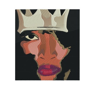 May include: A stylized illustration of a person's face with a crown on their head. The face is made up of the outline of the continent of Africa, with the person's lips painted a bright purple.