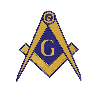 Può includere: Un simbolo massonico dorato e blu con un compasso e una squadra, e una lettera G al centro.