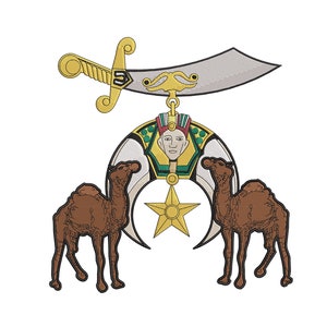 May include: A gold and silver embroidered patch with a crescent moon, a five-pointed star, and two camels. The patch features a stylized human face in the center.