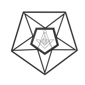 May include: Black and white line drawing of a compass and square with a "G" in the center, inside a geometric shape.