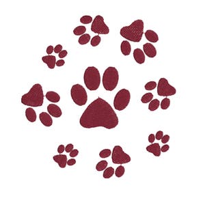 May include: A set of ten burgundy paw prints of varying sizes, arranged in a circle on a white background.