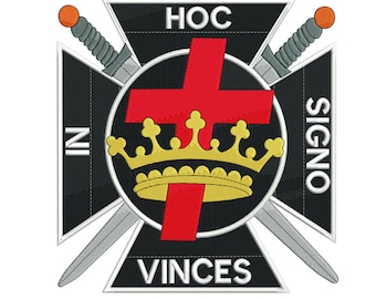 May include: Black and white embroidered patch with a red cross and a gold crown. The text "HOC IN SIGNO VINCES" is written around the cross.