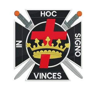 May include: Black and white embroidered patch with a red cross and a gold crown. The text "HOC IN SIGNO VINCES" is written around the cross.