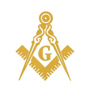 Può includere: Un simbolo massonico dorato con un compasso e una squadra, una lettera G al centro e un cerchio in alto.