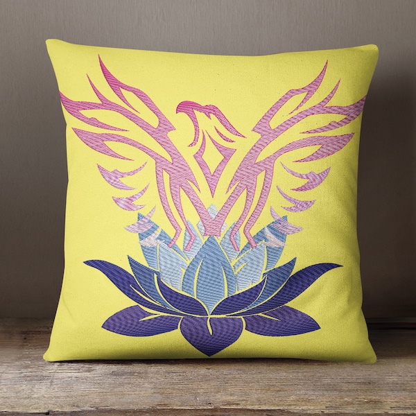 Phoenix Rising from Lotus -  Digital Embroidery Design - 4x4, 5x5, 6x6, 7x7, 8x8, 9x9, 10x10, 12x12, and 14x14