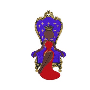 May include: A black silhouette of a person wearing a red dress and a gold crown, sitting on a purple throne with gold accents.