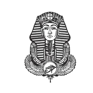 May include: Black and white illustration of an Egyptian pharaoh wearing a traditional headdress with a winged eye symbol below.